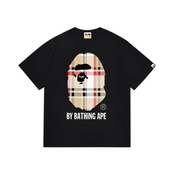 Black BAPE T-Shirt with Plaid Print Ape Head and "BY BATHING APE" Logo